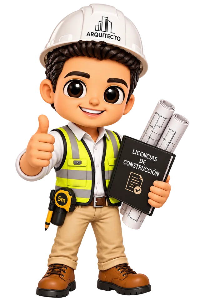 Personaje de Diego Contreras con casco de arquitecto, planos y carpeta de licencias