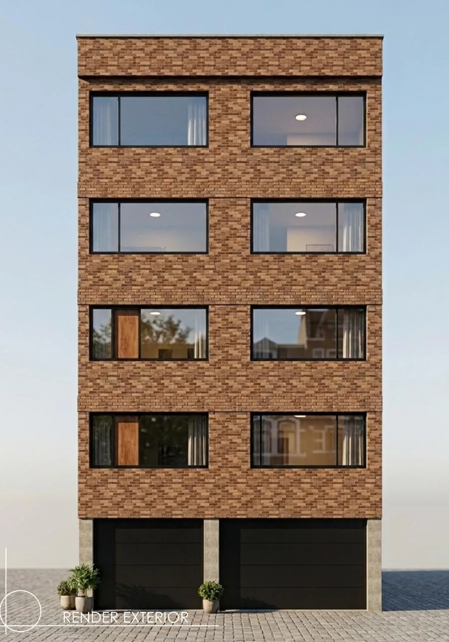 Render exterior de edificio con fachada en ladrillo y dos accesos en planta baja