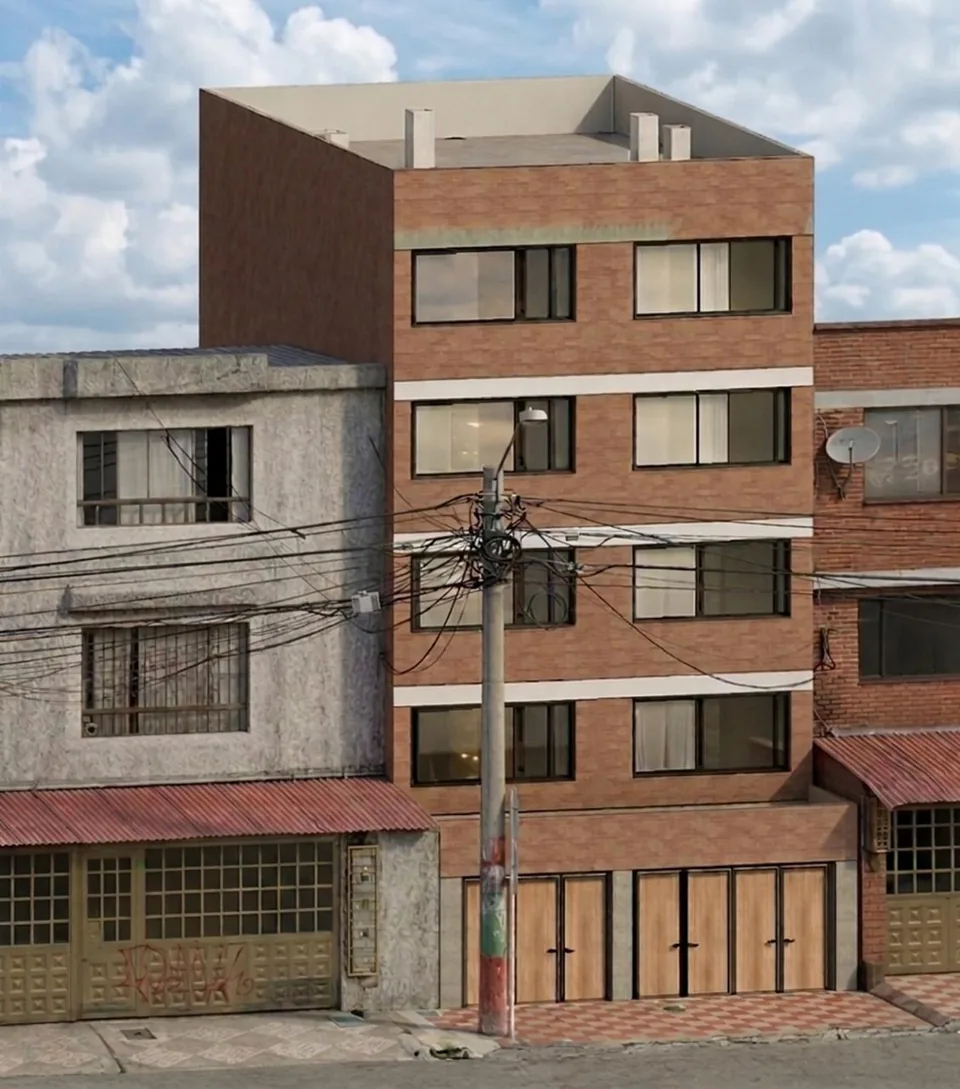 Visualización de una fachada de varios pisos integrada en un entorno urbano